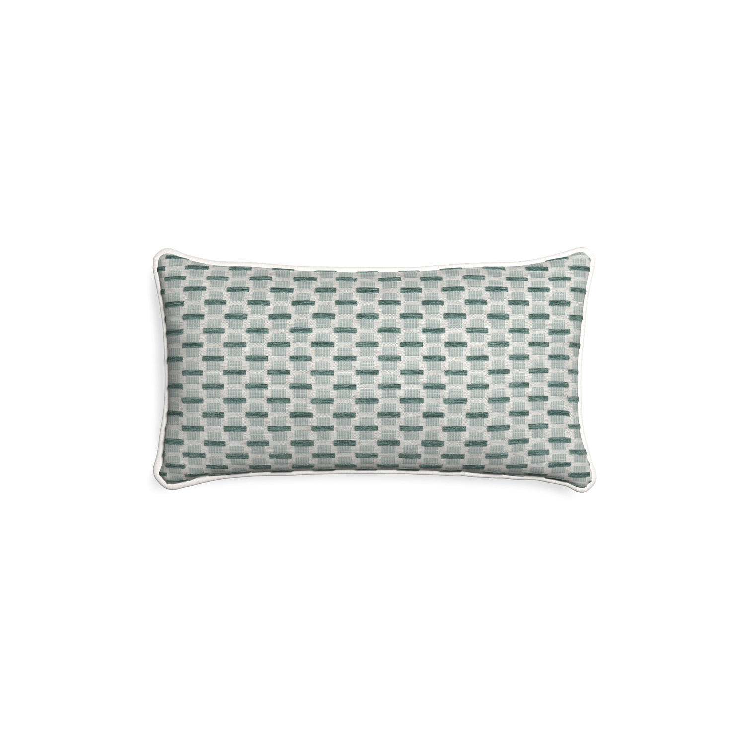 Petite-lumbar willow mint custom green geometric chenillepillow with snow piping on white background