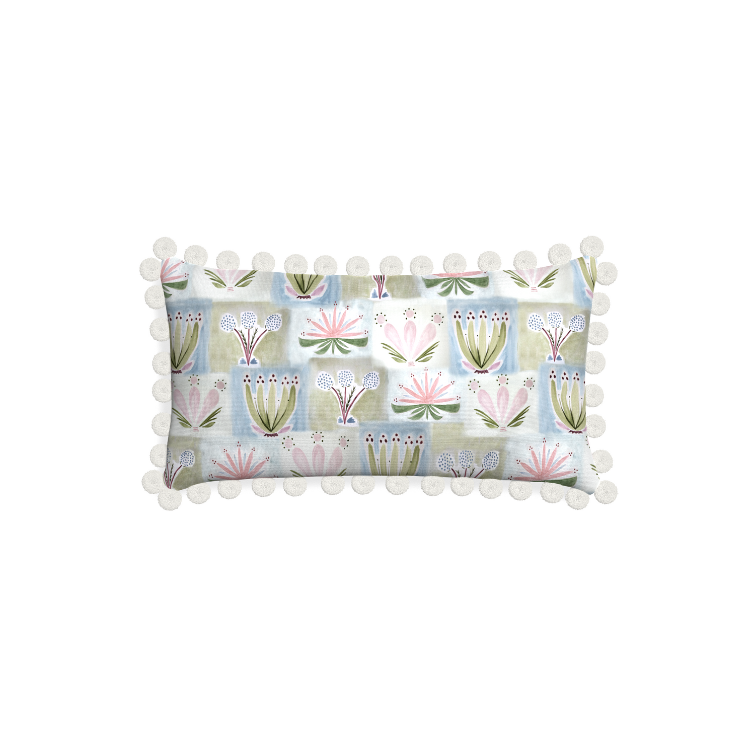 Petite-lumbar harper custom hand-painted floralpillow with snow pom pom on white background