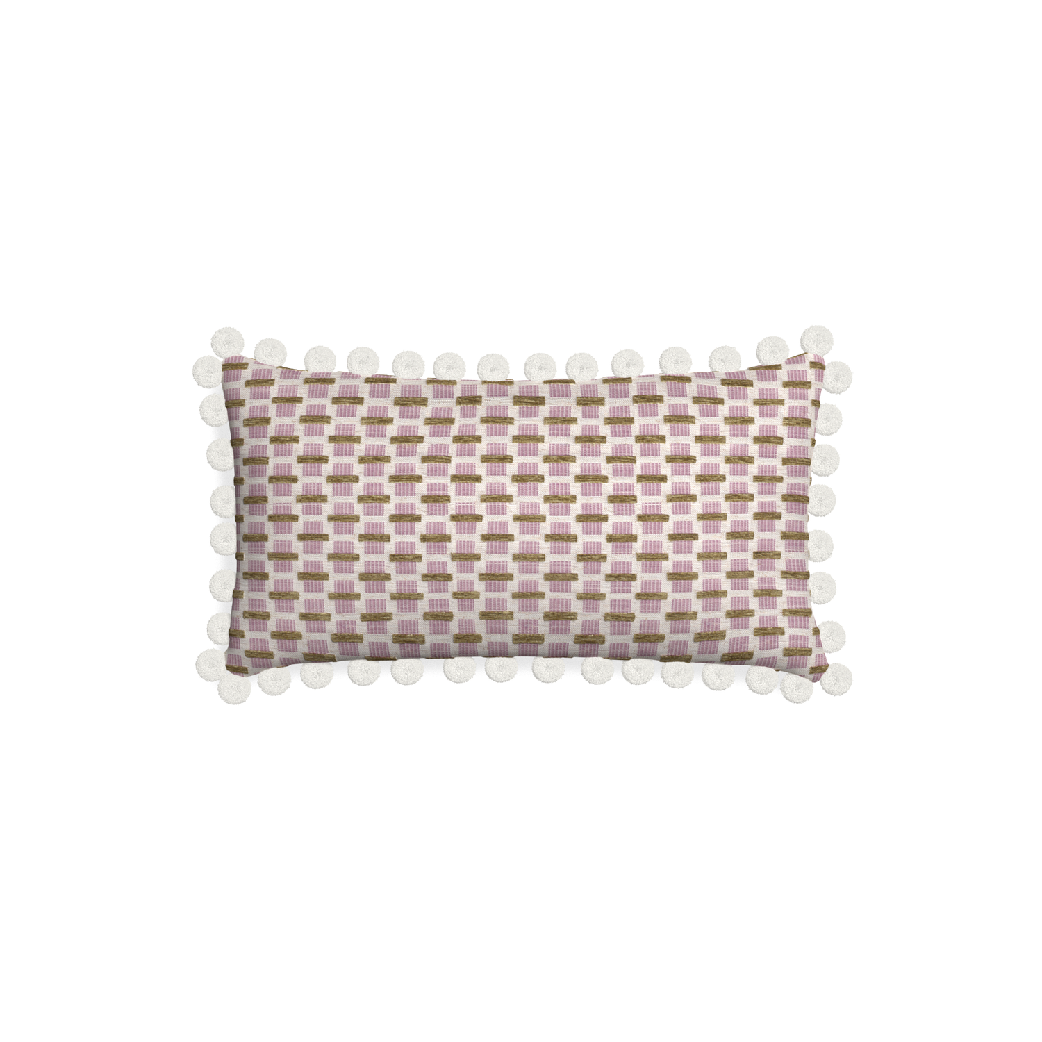 Petite-lumbar willow orchid custom pink geometric chenillepillow with snow pom pom on white background