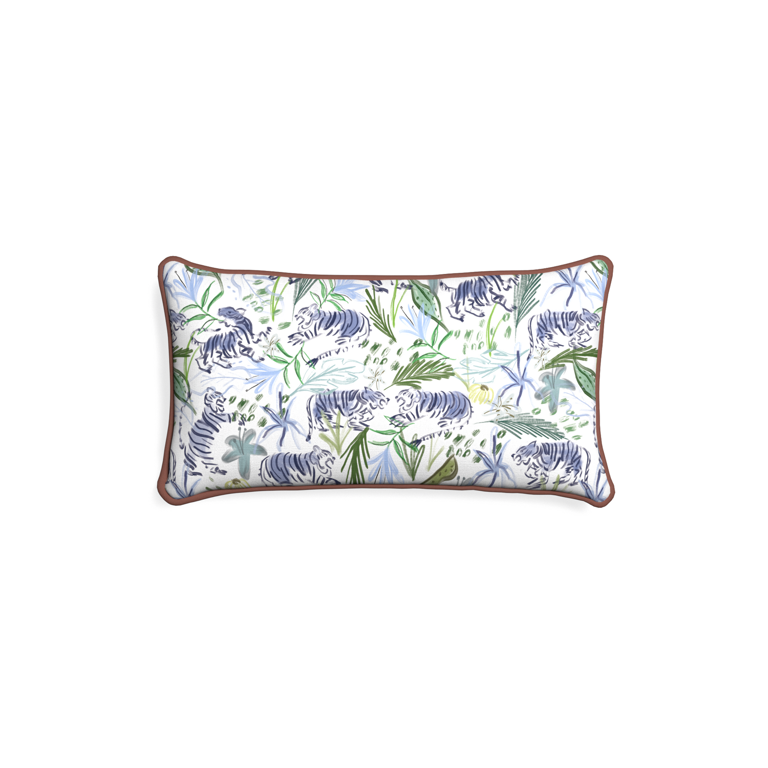 Petite-lumbar frida green custom green tigerpillow with w piping on white background