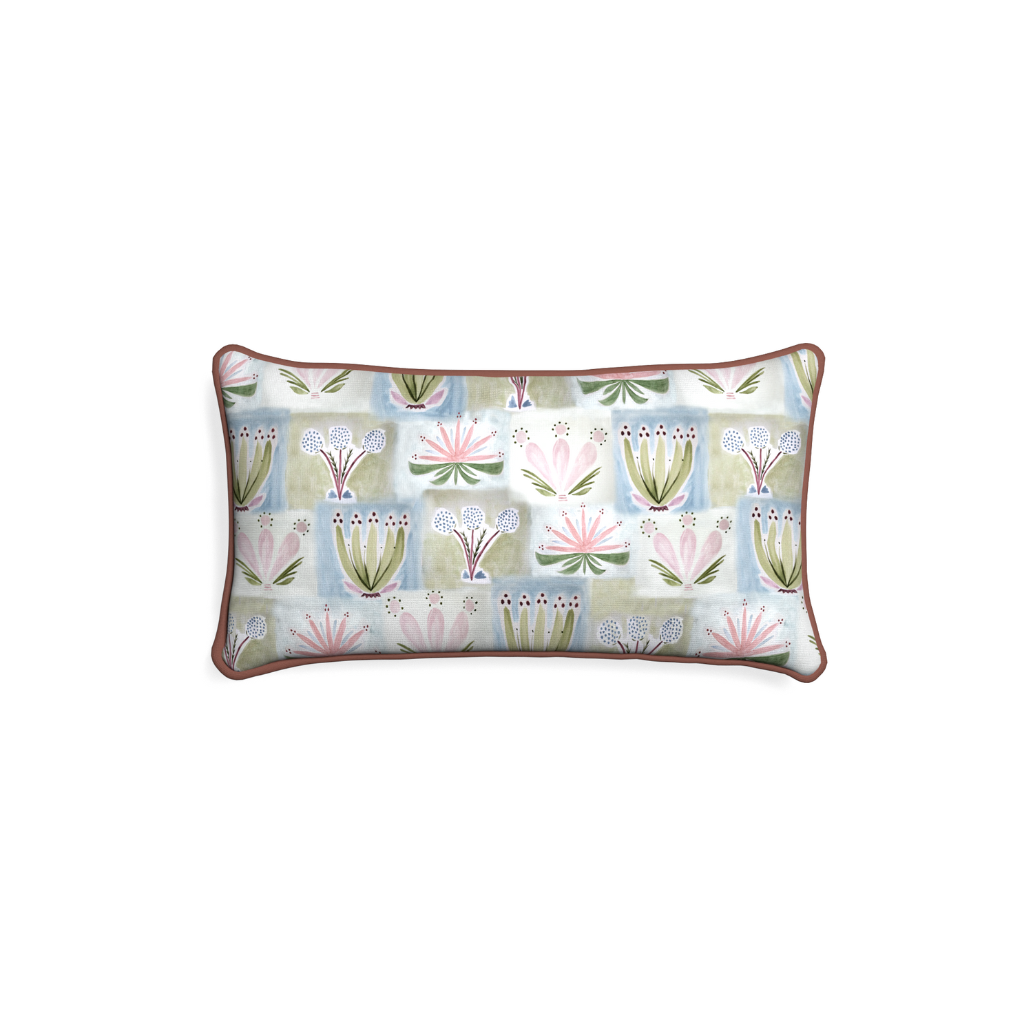 Petite-lumbar harper custom hand-painted floralpillow with w piping on white background