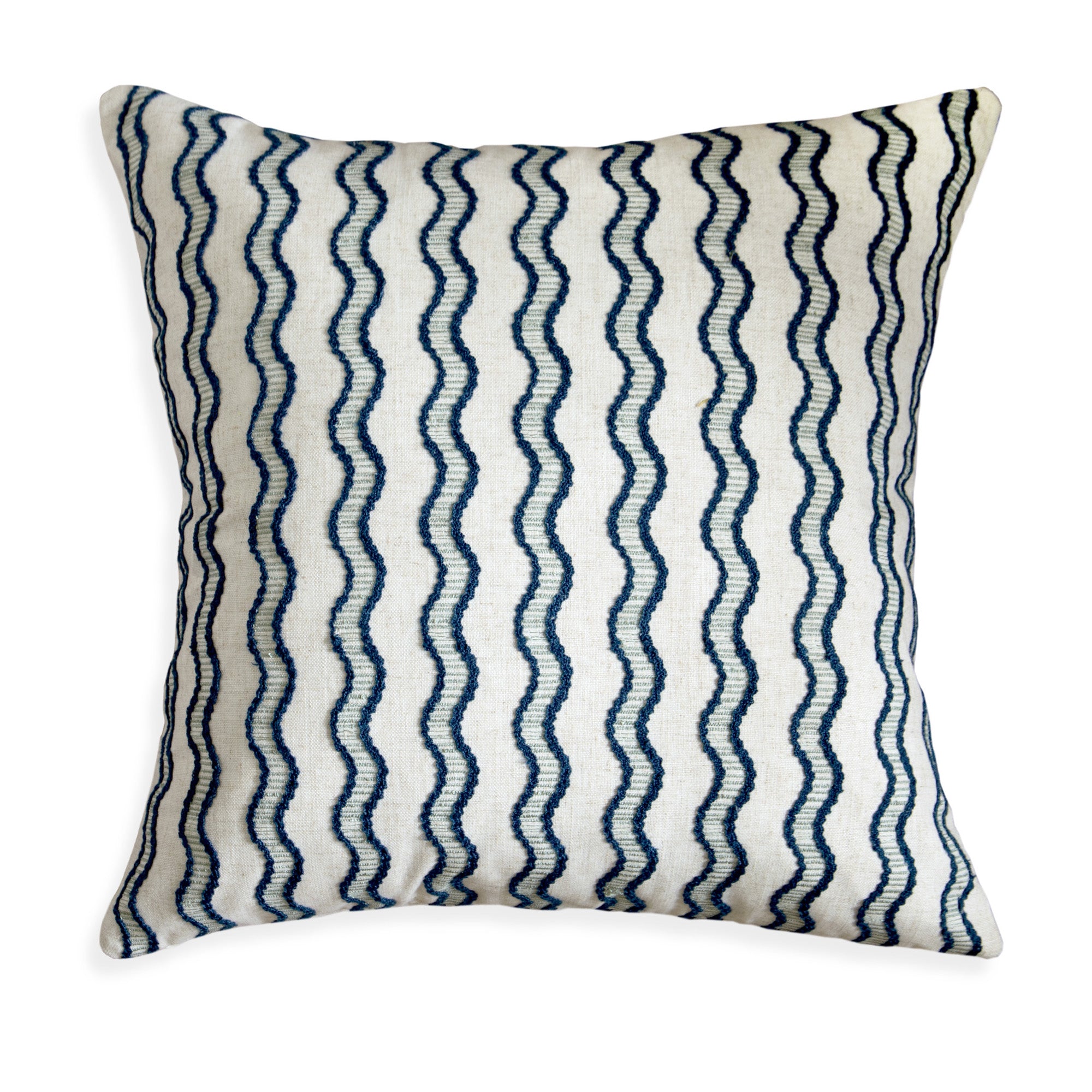 embroidered cream and navy blue wavy lines pillow