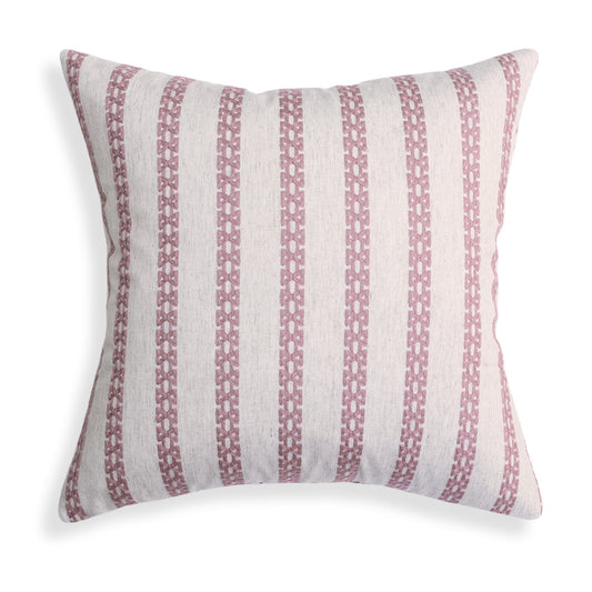 Lilith pillow with delicate pink embroidered stripes on natural linen blend, perfect for Pepper Home custom decor.