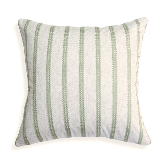 Vivienne pillow features pistachio embroidered stripes on natural linen-blend fabric for a custom, elegant home accent.