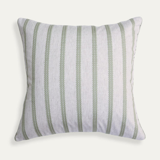 Vivienne pillow features pistachio embroidered stripes on natural linen-blend fabric for a custom, elegant home accent.