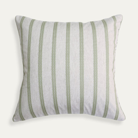 Vivienne pillow features pistachio embroidered stripes on natural linen-blend fabric for a custom, elegant home accent.