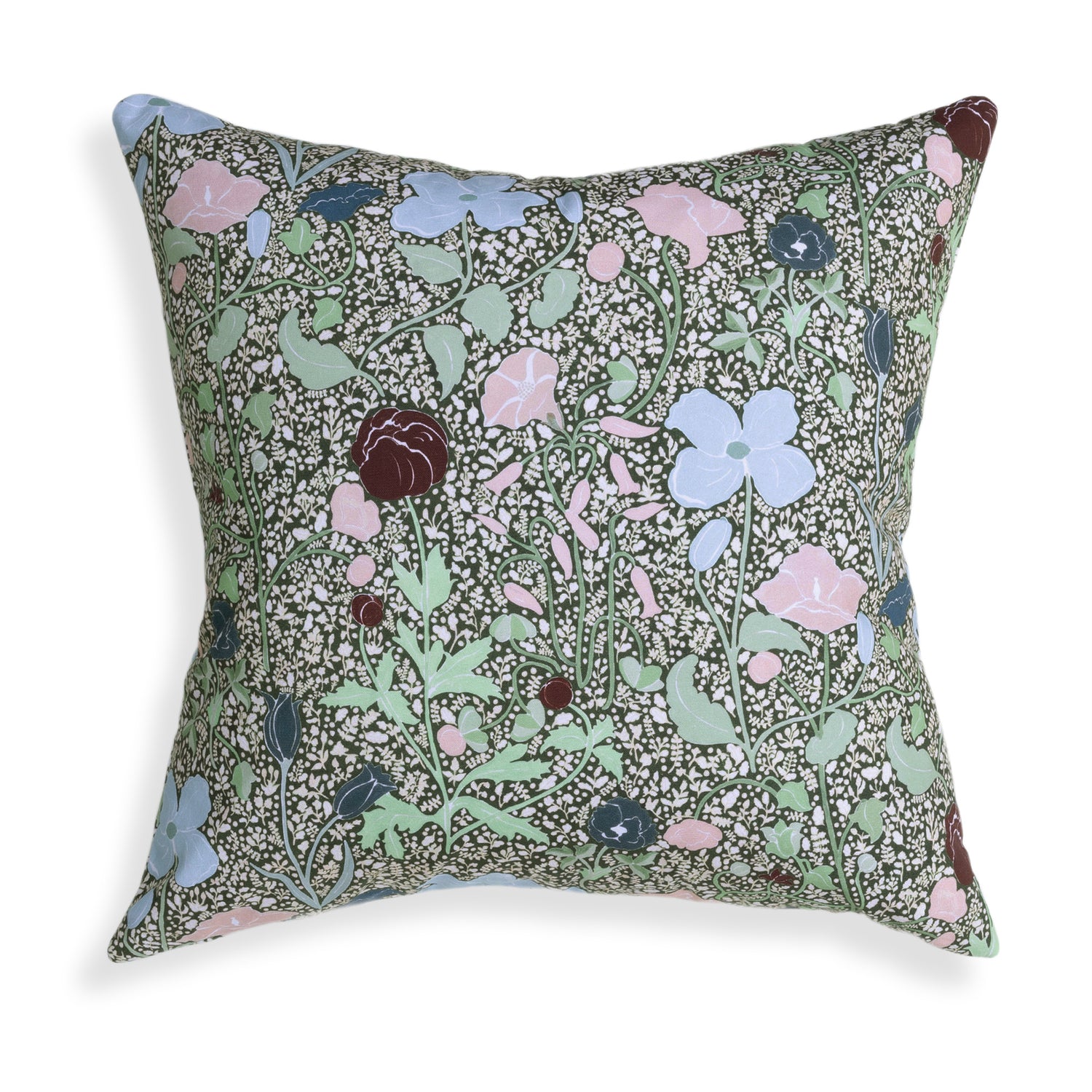 Matilda decorative pillow with custom hand-painted floral pattern by Pepper Home, blending pastels and deep neutrals.