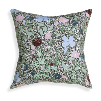 Matilda decorative pillow with custom hand-painted floral pattern by Pepper Home, blending pastels and deep neutrals.