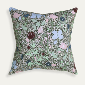 Matilda decorative pillow with custom hand-painted floral pattern by Pepper Home, blending pastels and deep neutrals.