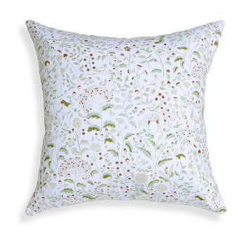 Ruby Moss pillow featuring delicate hand-painted floral and woodland creatures pattern by Claire de Quenetain.