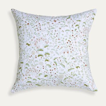 Ruby Moss pillow featuring delicate hand-painted floral and woodland creatures pattern by Claire de Quenetain.