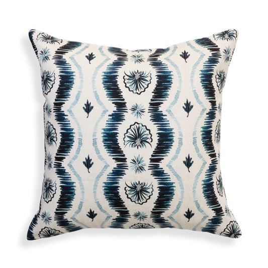 Alice pillow with bold stripes and painterly strokes in sky and indigo, perfect for custom Pepper Home decor.