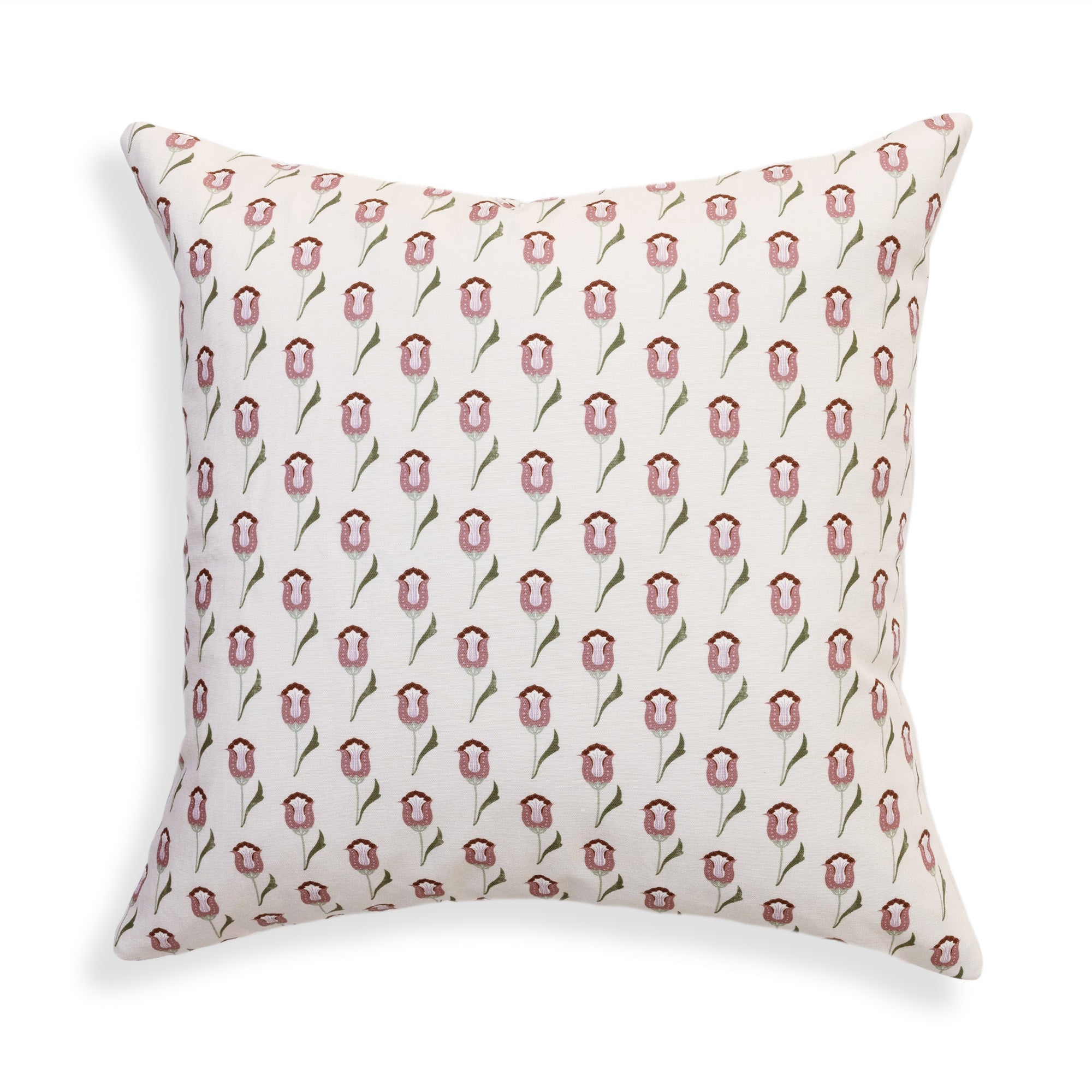 Annabelle Orchid pillow with custom tulip motif in soft pink and green brings classic elegance by Pepper Home.