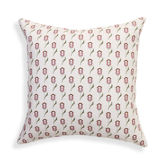 Annabelle Orchid pillow with custom tulip motif in soft pink and green brings classic elegance by Pepper Home.