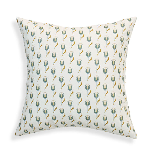 Annabelle Peacock decorative pillow with custom tulip motif in soft peacock blue and muted citron by Pepper Home.