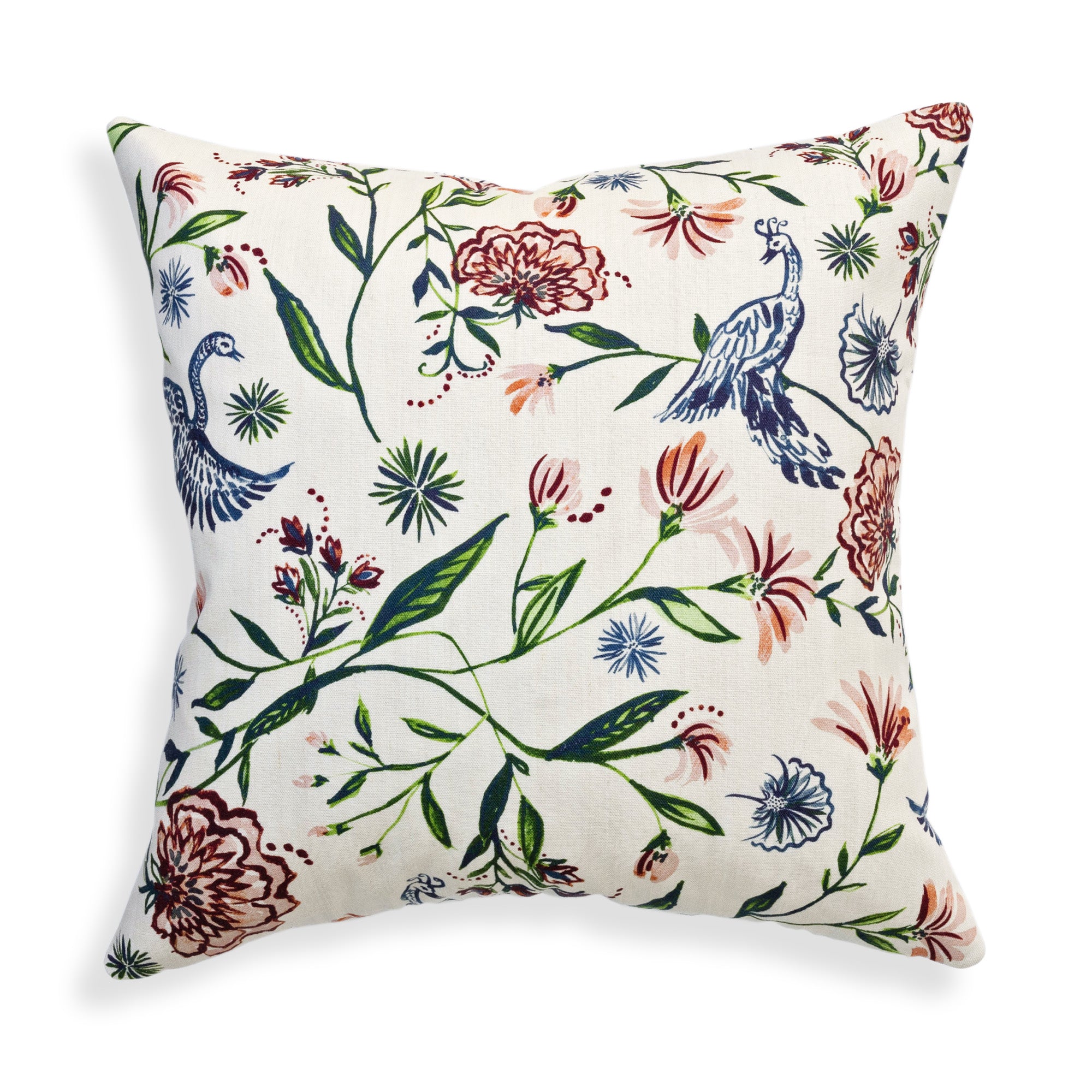 Daphne Cream pillow with custom Pepper Home design featuring peacocks and wildflowers on linen fabric.