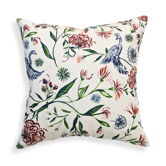 Daphne Cream pillow with custom Pepper Home design featuring peacocks and wildflowers on linen fabric.