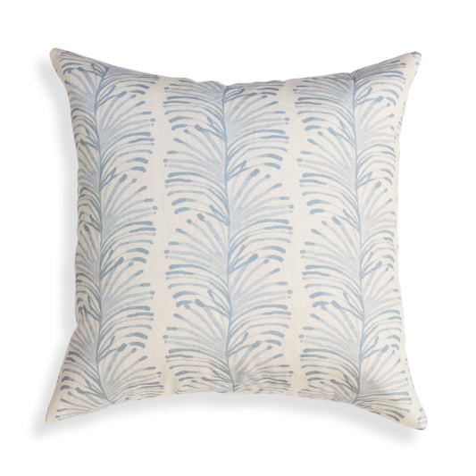 Emma Sky decorative pillow with airy blue botanical stripe design, adding relaxed elegance to custom coastal interiors.