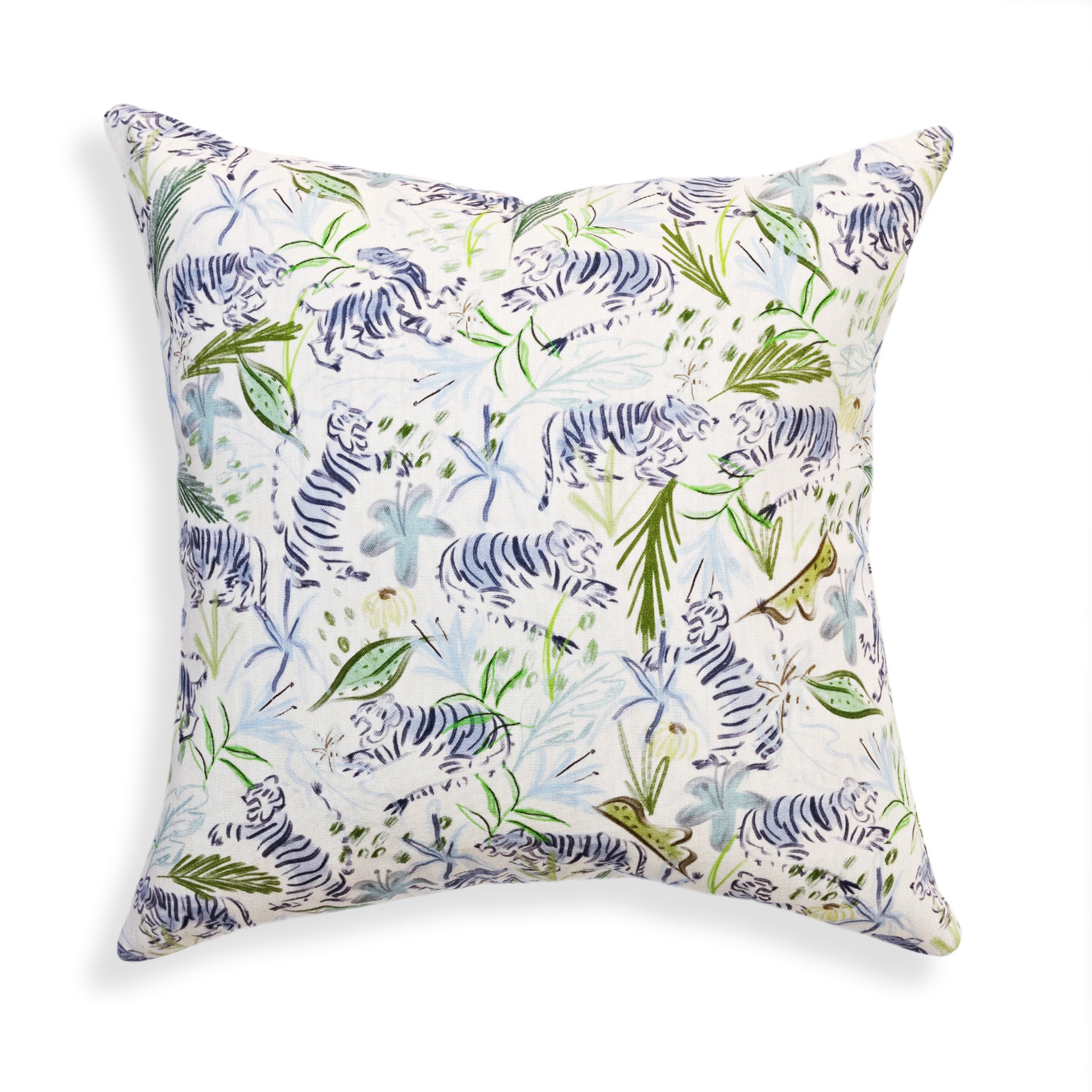 Frida Green decorative pillow with playful tigers and lush greenery, inspired by Pepper Home’s custom designs.