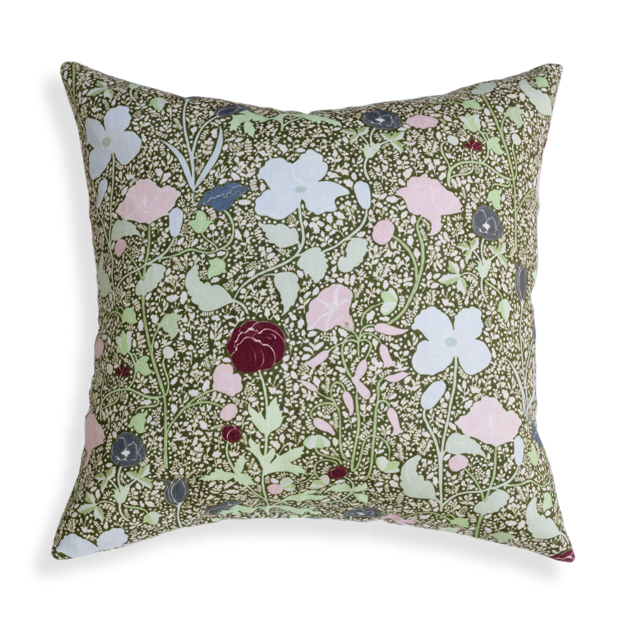 Matilda pillow with hand-painted floral pattern in soft pastels and deep neutrals by Pepper Home, custom made artistry.