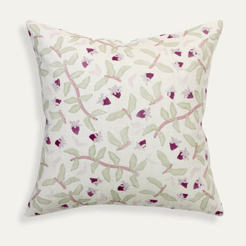 Nellie Plum cushion with lush strawberry vine pattern in soft sage greens and deep plum by Pepper Home.