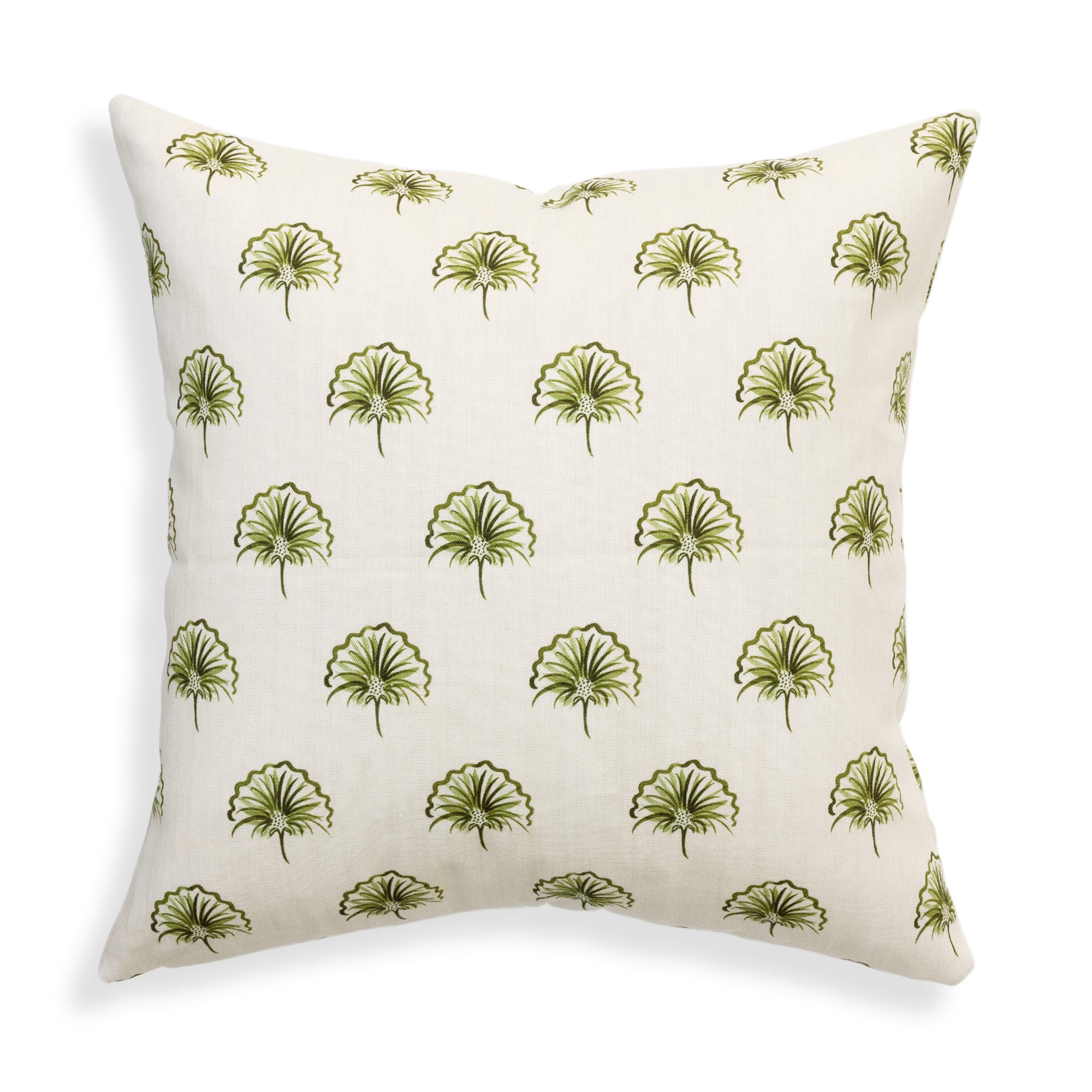 Penelope Moss pillow with delicate scalloped floral pattern in soft green on natural linen by Pepper Home.