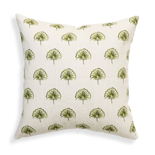 Penelope Moss pillow with delicate scalloped floral pattern in soft green on natural linen by Pepper Home.