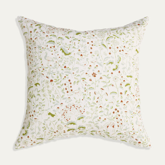 Ruby Moss cushion with whimsical woodland creatures and floral motifs, adding charm and elegance to your space.