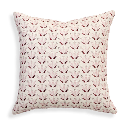 Serena Pink pillow features a delicate floral seashell pattern in soft pink and maroon by Pepper Home.