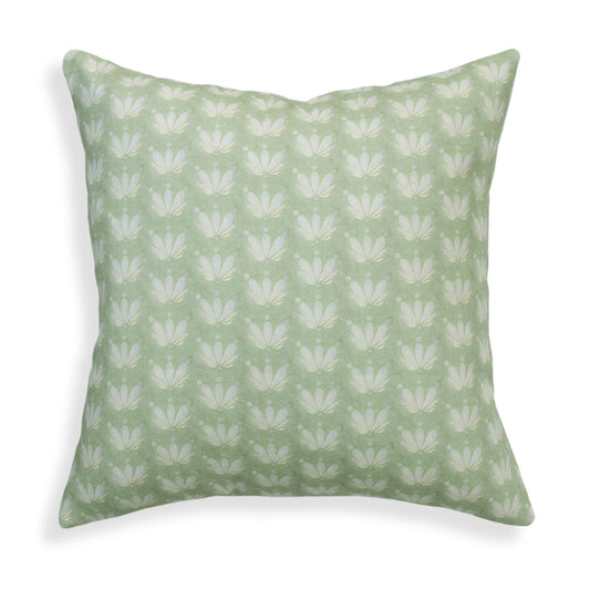 Serena Sea Salt pillow with hand-painted floral and seashell pattern in soft sage for a serene coastal look.