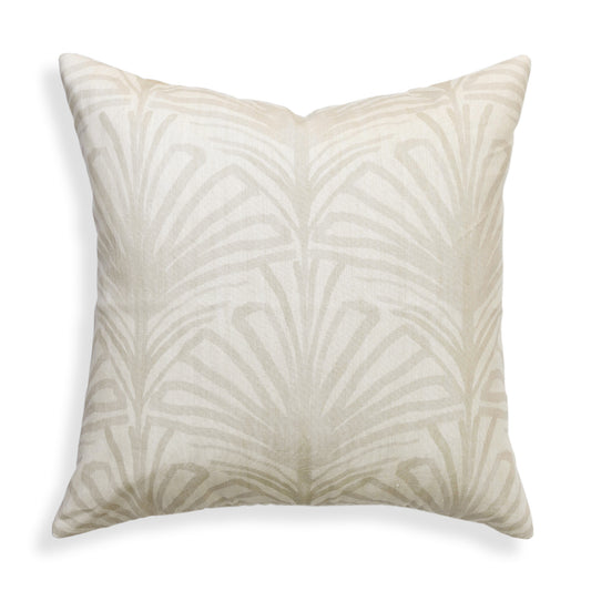 Suzy Sand pillow features hand-painted palm motifs in a warm neutral palette for a subtle, sophisticated look.