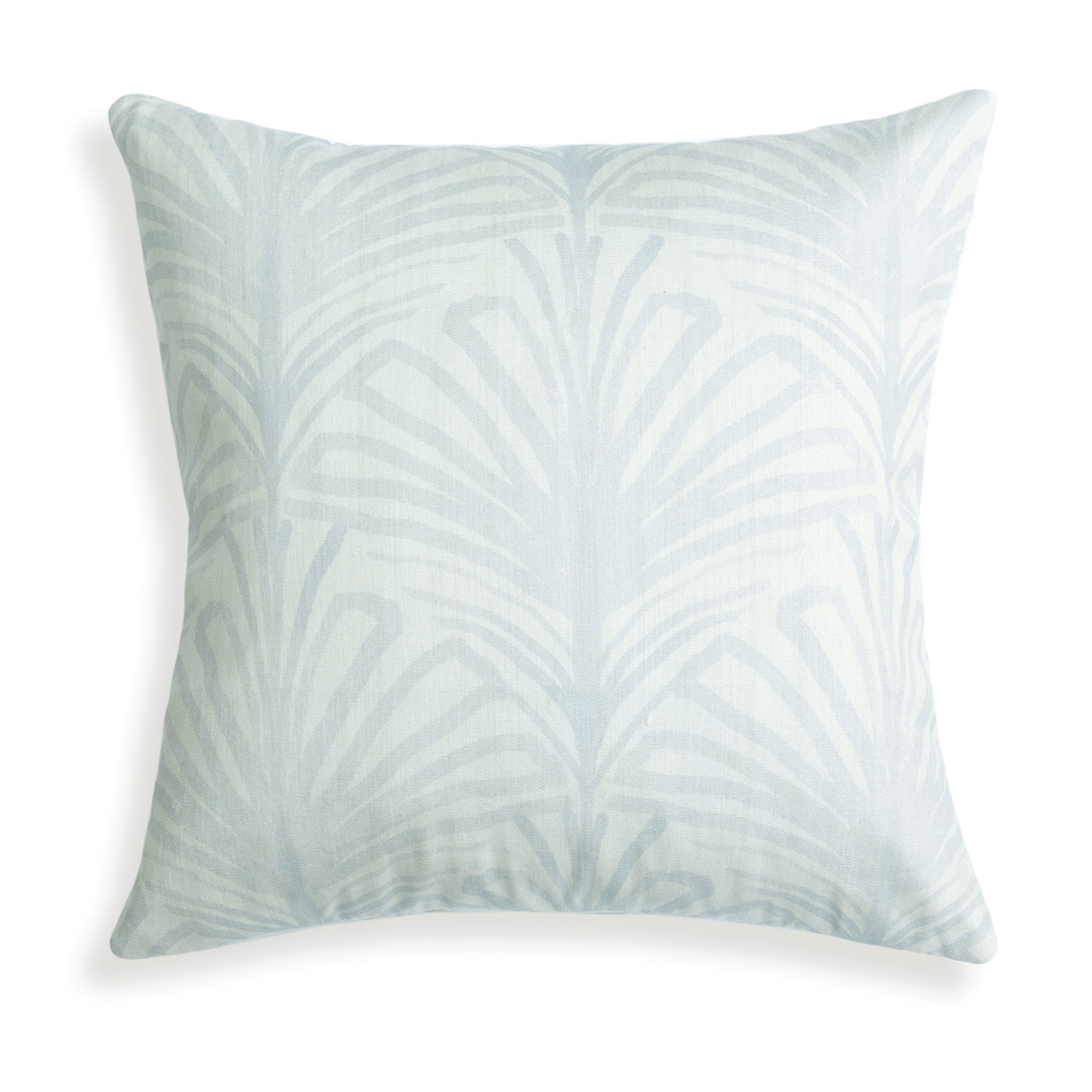 Suzy Sky pillow with hand-painted palm motifs in soft sky-blue, adding airy sophistication by Pepper Home.