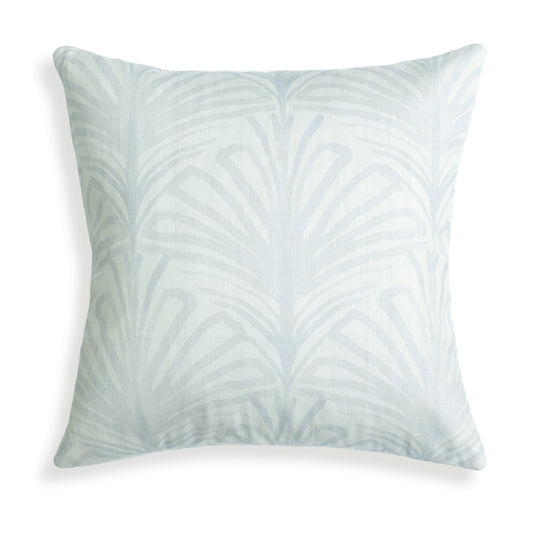 Suzy Sky pillow with hand-painted palm motifs in soft sky-blue, adding airy sophistication by Pepper Home.