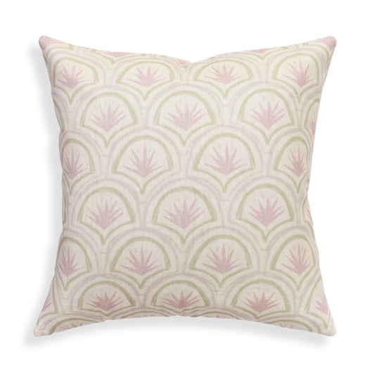 Thatcher Rose pillow with soft sage and muted rose Art Deco fan patterns for a timeless, elegant look.
