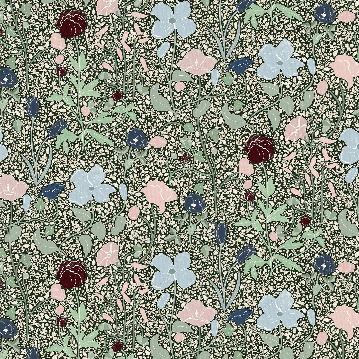 Matilda custom curtains feature hand-painted ditsy florals with oversized blooms in soft pastels and deep neutrals.