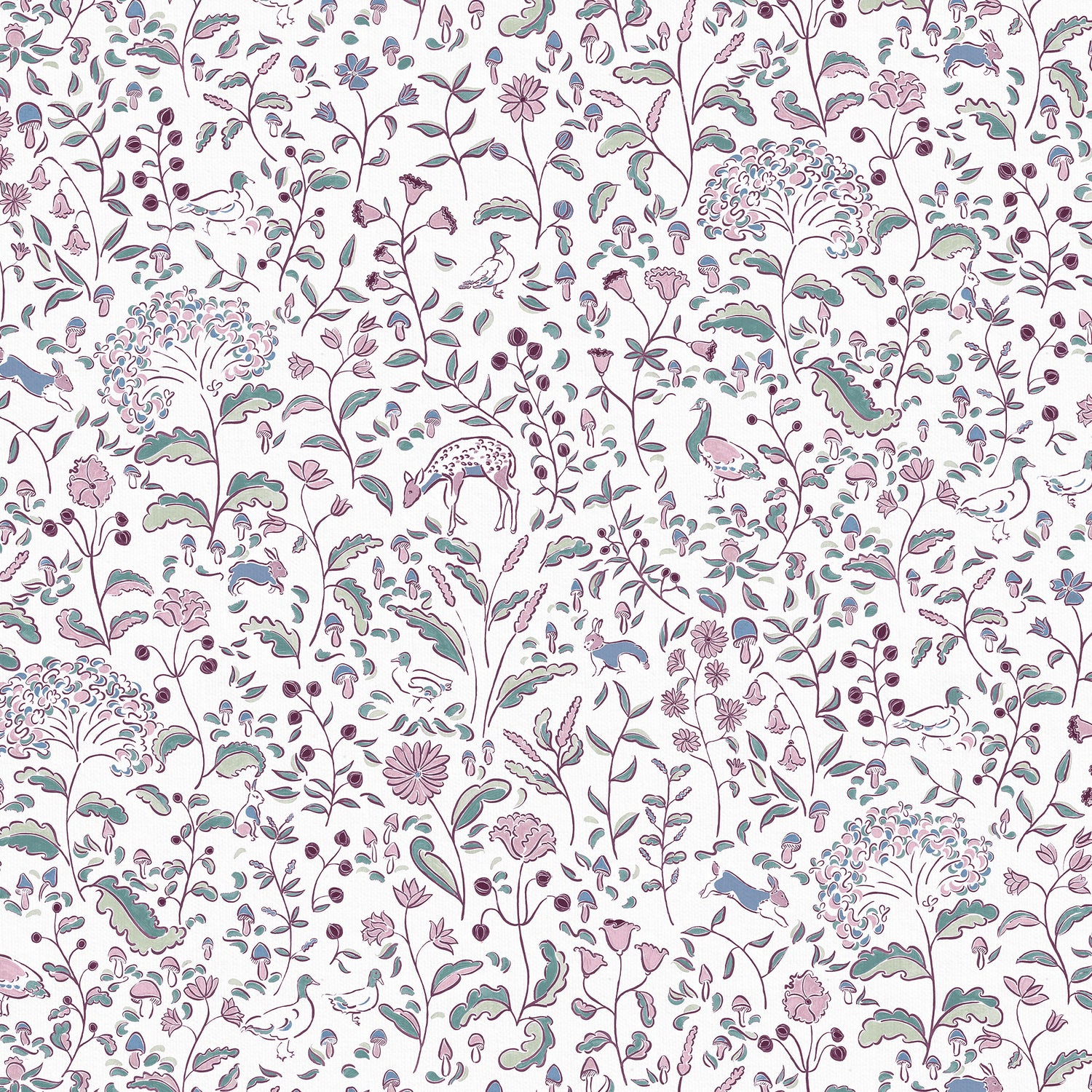 Ruby Burgundy custom curtain fabric featuring whimsical woodland creatures and floral motifs for charming, elegant spaces.