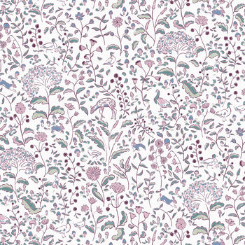 Ruby Burgundy custom curtain fabric featuring whimsical woodland creatures and floral motifs for charming, elegant spaces.