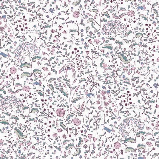 Ruby Burgundy custom curtain fabric featuring whimsical woodland creatures and floral motifs for charming, elegant spaces.