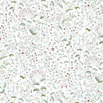 Ruby Moss custom curtain fabric featuring whimsical woodland creatures and delicate floral motifs by Pepper Home.