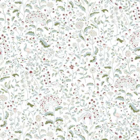 Ruby Moss custom curtain fabric featuring whimsical woodland creatures and delicate floral motifs by Pepper Home.