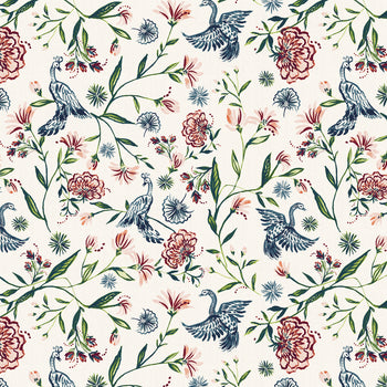 Daphne Cream fabric featuring majestic peacocks and wildflowers on linen, perfect for custom Pepper Home curtains.