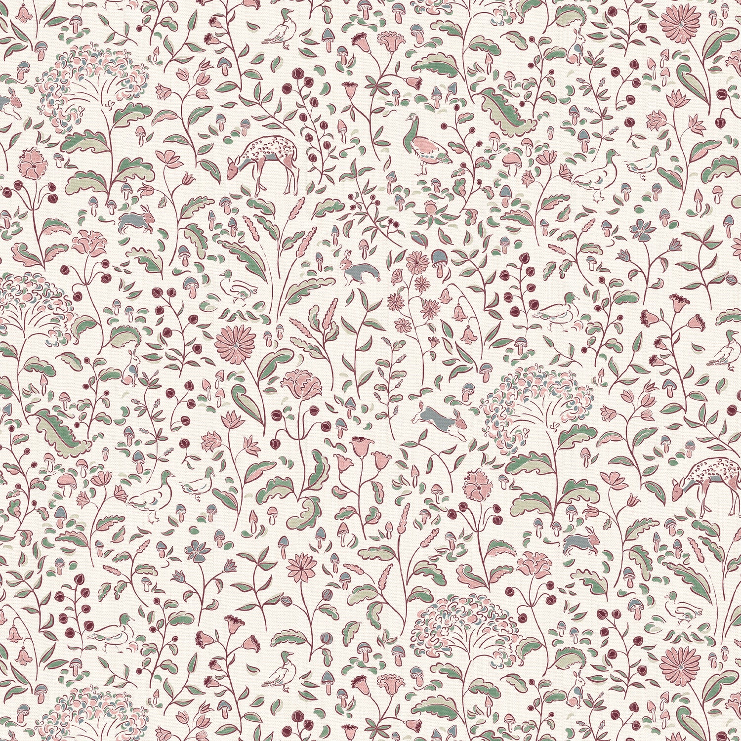 Ruby Burgundy curtain fabric with hand-painted floral and woodland creature design by Pepper Home, custom made-to-order elegance.