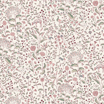 Ruby Burgundy curtain fabric with hand-painted floral and woodland creature design by Pepper Home, custom made-to-order elegance.