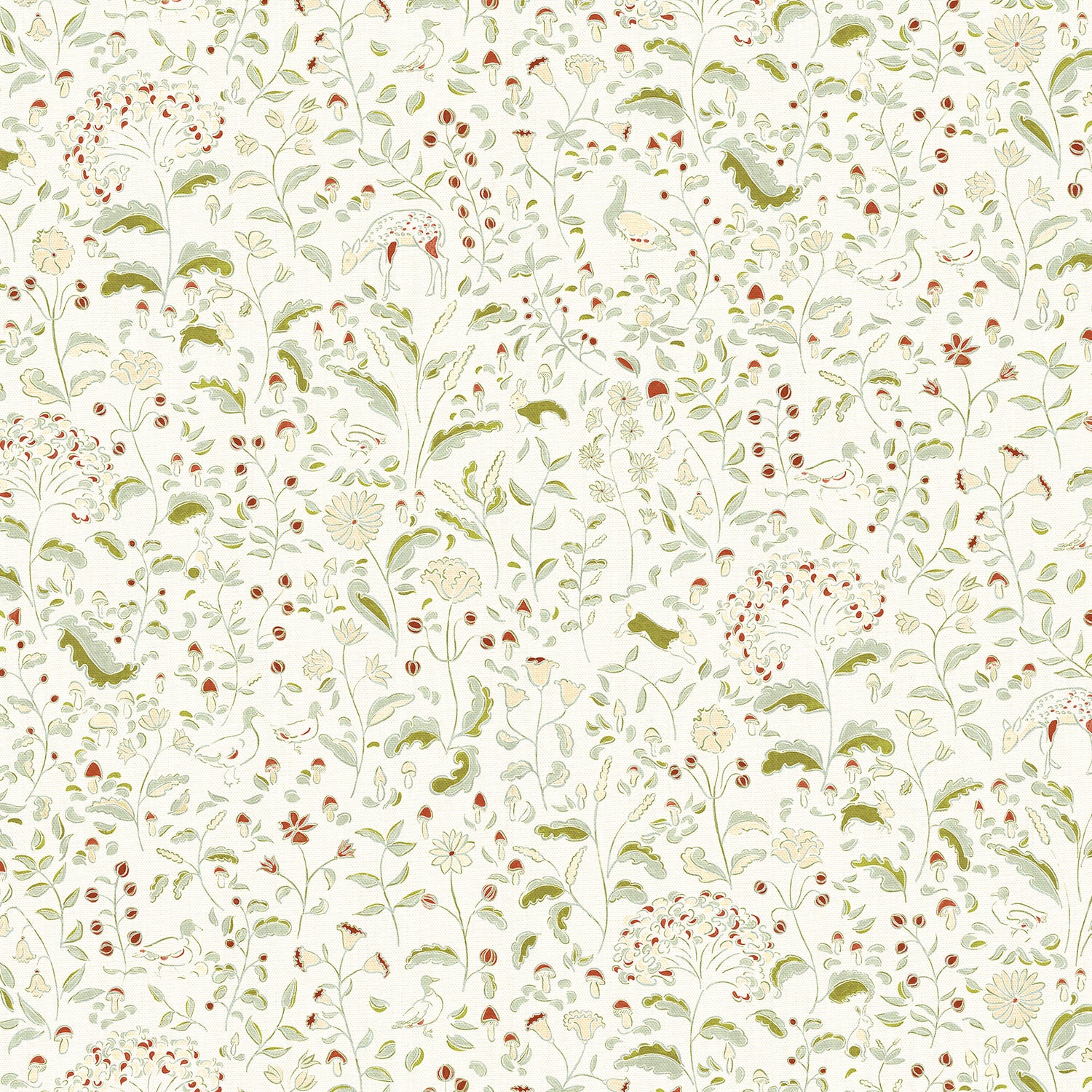 Ruby Moss custom curtain fabric featuring whimsical woodland creatures and delicate floral motifs by Pepper Home.