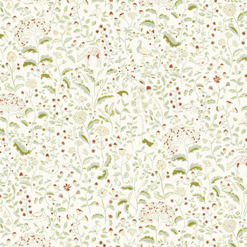 Ruby Moss custom curtain fabric featuring whimsical woodland creatures and delicate floral motifs by Pepper Home.