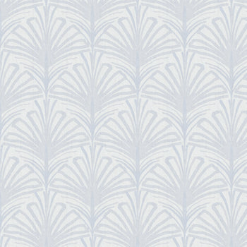 Suzy Sky curtain fabric features hand-painted palm motifs in a soft sky-blue palette for custom Pepper Home decor.