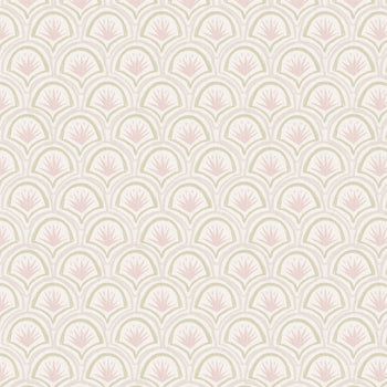 Thatcher Rose pattern with custom fan motifs in soft sage and muted rose tones by Pepper Home.