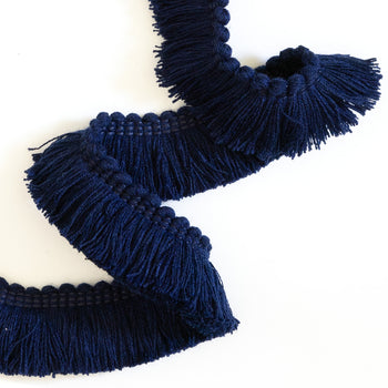 Midnight fringe trim in deep navy blue, adding timeless texture for custom curtains by Pepper Home.