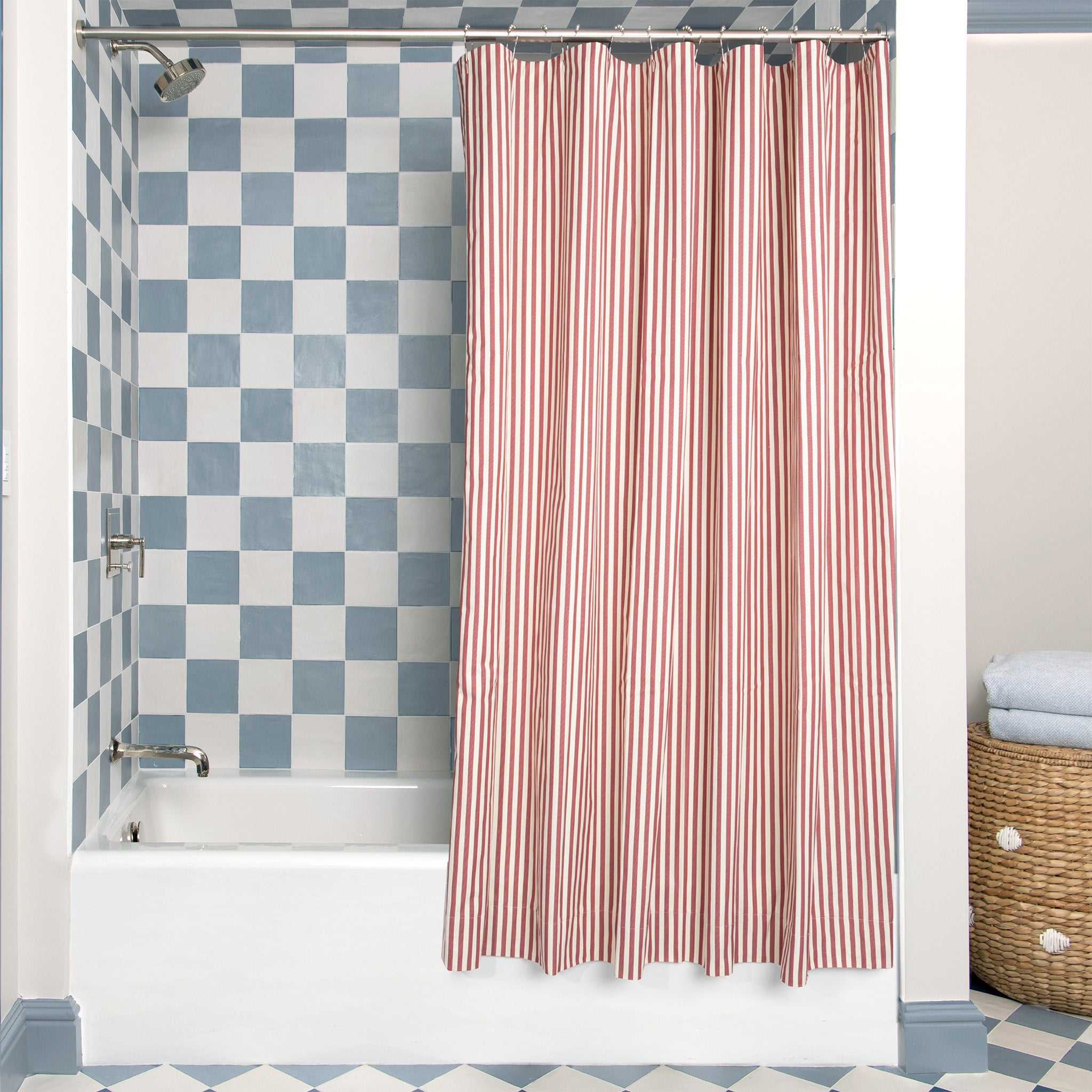 Louisa Cranberry Unlined shower curtain with red stripes enhancing your bathroom’s style and custom feel by Pepper Home.