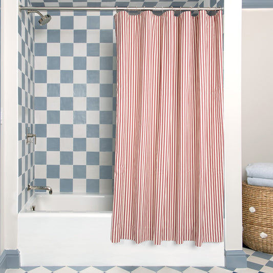 Louisa Cranberry Unlined shower curtain with red stripes enhancing your bathroom’s style and custom feel by Pepper Home.
